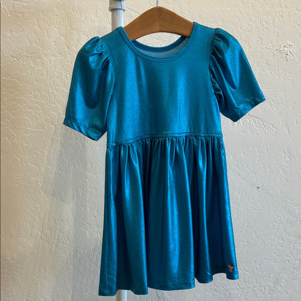 Pink Chicken Teal Shimmer Puff-Sleeve Dress